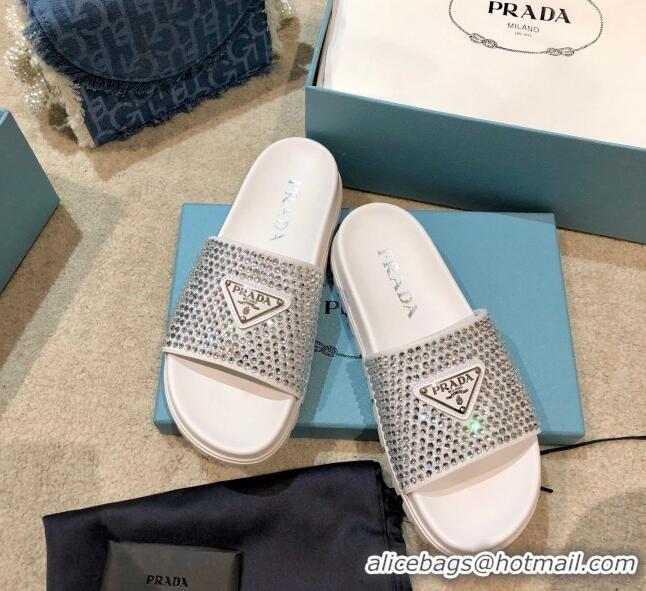 Low Price Prada Crystal Flat Slide Sandals 032926 White 2021