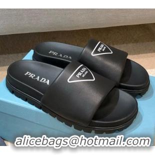 Luxury Cheap Prada Leather Flat Slide Sandals 032928 Black 2021