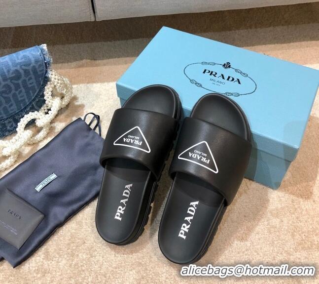 Luxury Cheap Prada Leather Flat Slide Sandals 032928 Black 2021