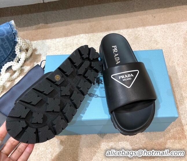 Luxury Cheap Prada Leather Flat Slide Sandals 032928 Black 2021