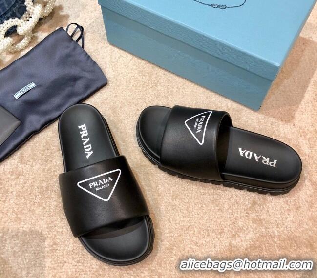 Luxury Cheap Prada Leather Flat Slide Sandals 032928 Black 2021