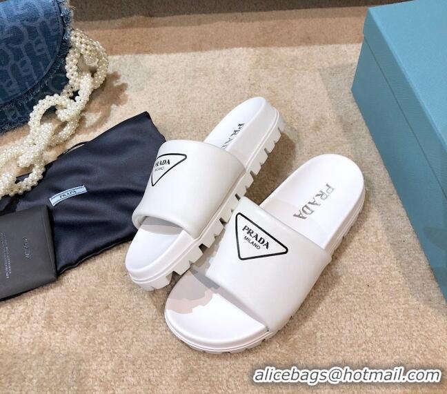 Luxury Prada Leather Flat Slide Sandals 032928 White 2021