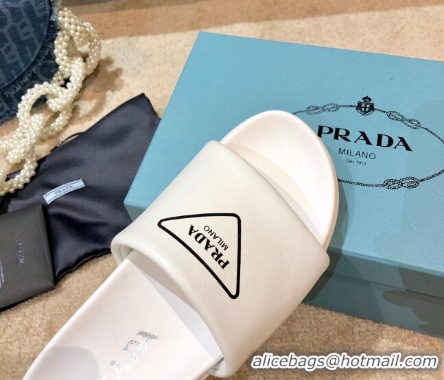 Luxury Prada Leather Flat Slide Sandals 032928 White 2021