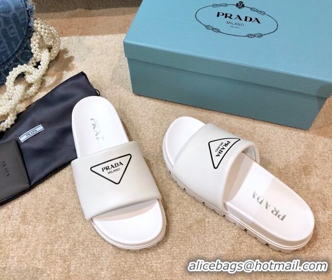 Luxury Prada Leather Flat Slide Sandals 032928 White 2021