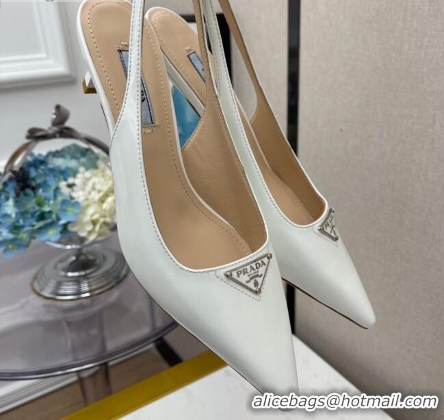 Top Quality Prada Shiny Leather Slingpack Pumps 5.5cm 040704 White 2021