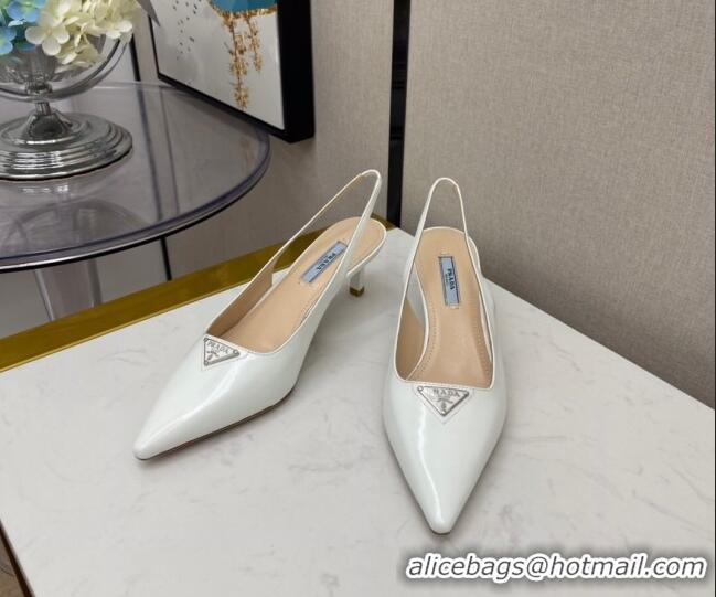 Top Quality Prada Shiny Leather Slingpack Pumps 5.5cm 040704 White 2021