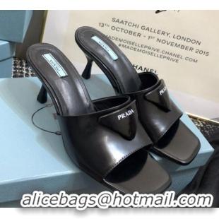 Best Product Prada Shiny Leather Heel Slide Sandals 040731 Black 2021