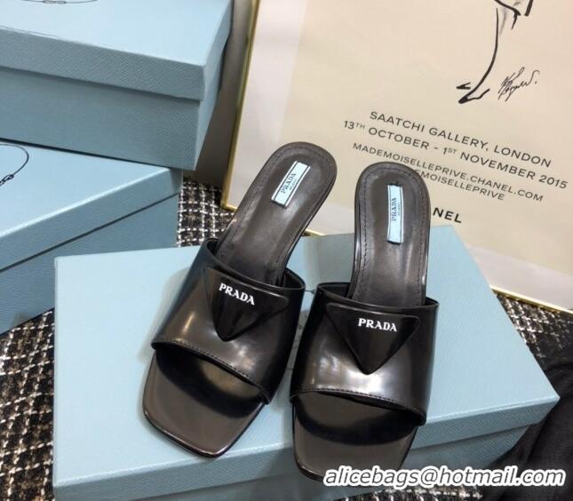 Best Product Prada Shiny Leather Heel Slide Sandals 040731 Black 2021