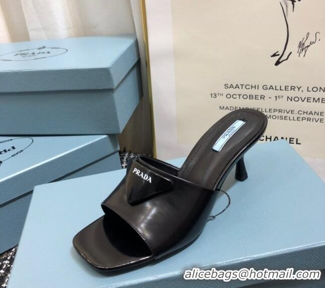 Best Product Prada Shiny Leather Heel Slide Sandals 040731 Black 2021