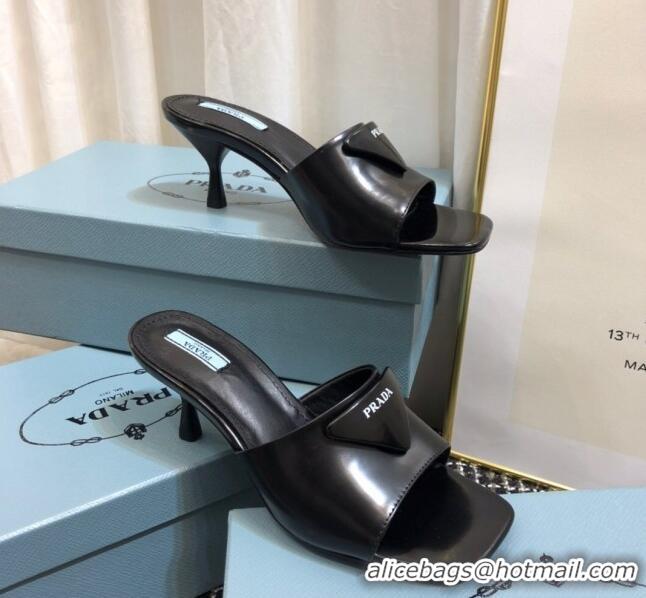 Best Product Prada Shiny Leather Heel Slide Sandals 040731 Black 2021