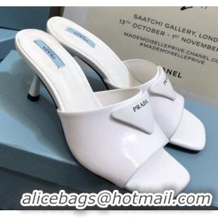 Top Grade Prada Shiny Leather Heel Slide Sandals 040731 White 2021