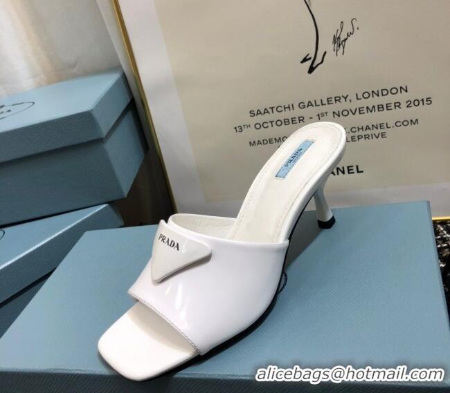 Top Grade Prada Shiny Leather Heel Slide Sandals 040731 White 2021