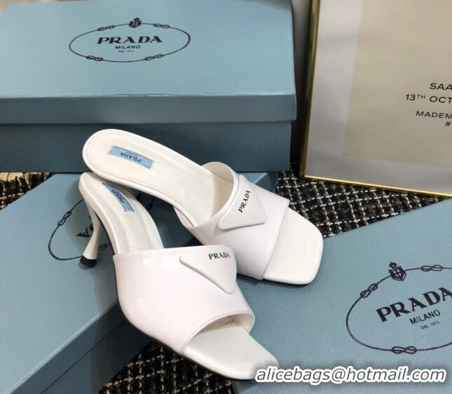 Top Grade Prada Shiny Leather Heel Slide Sandals 040731 White 2021