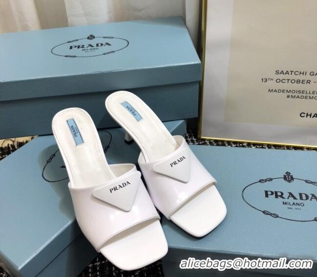 Top Grade Prada Shiny Leather Heel Slide Sandals 040731 White 2021