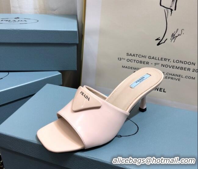 Pretty Style Prada Shiny Leather Heel Slide Sandals 040731 Pink 2021