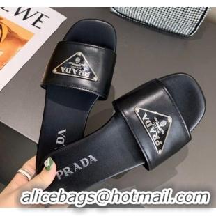 Classic Hot Prada Metallic Logo Flat Slide Sandals 040740 Black 2021