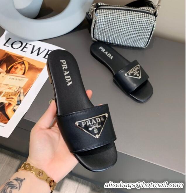 Classic Hot Prada Metallic Logo Flat Slide Sandals 040740 Black 2021