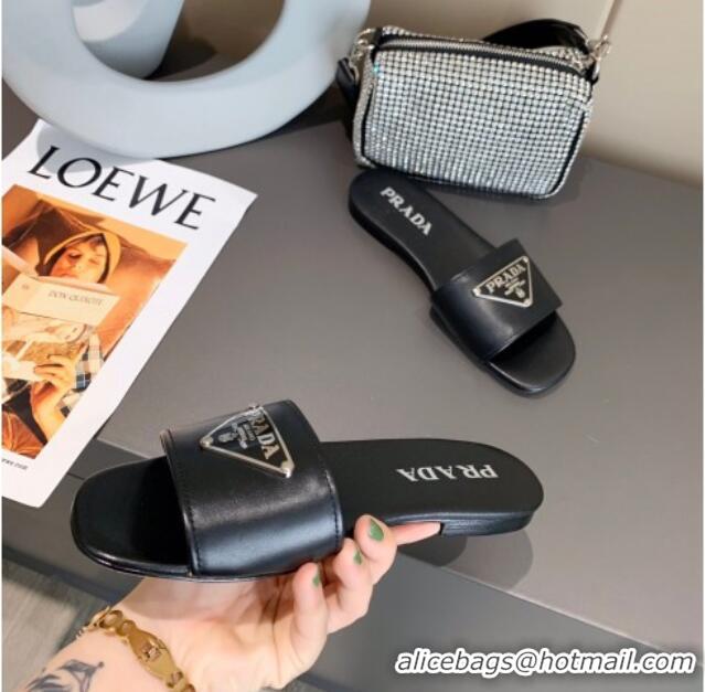 Classic Hot Prada Metallic Logo Flat Slide Sandals 040740 Black 2021