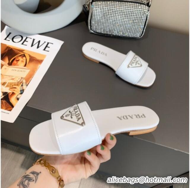 Super Quality Prada Metallic Logo Flat Slide Sandals 040740 White 2021