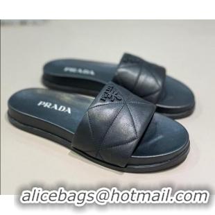 Top Quality Prada Quilted Leather Flat Slide Sandals 040742 Black 2021