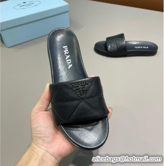 Top Quality Prada Quilted Leather Flat Slide Sandals 040742 Black 2021