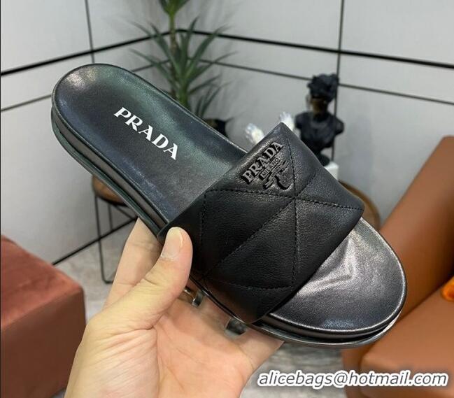 Top Quality Prada Quilted Leather Flat Slide Sandals 040742 Black 2021