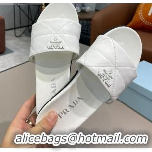 Best Luxury Prada Quilted Leather Flat Slide Sandals 040743 White 2021