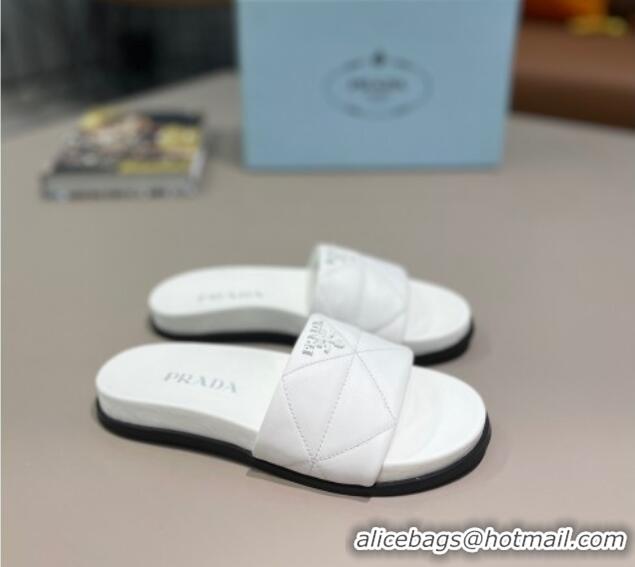 Best Luxury Prada Quilted Leather Flat Slide Sandals 040743 White 2021