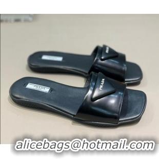 Top Quality Prada Triangle Logo Flat Slide Sandals 040745 Black 2021