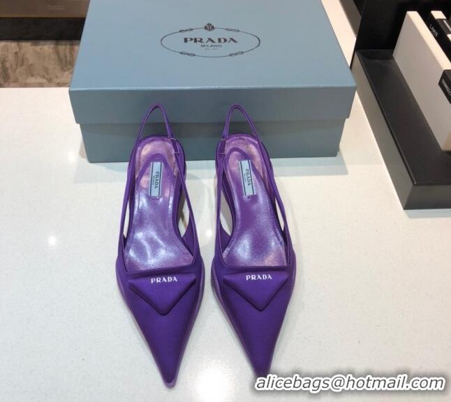 Classic Hot Prada Silk Slingback Pumps 3cm 042795 Purple 2021