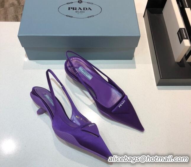 Classic Hot Prada Silk Slingback Pumps 3cm 042795 Purple 2021