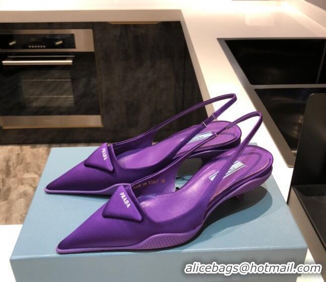 Classic Hot Prada Silk Slingback Pumps 3cm 042795 Purple 2021