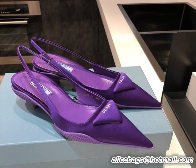 Classic Hot Prada Silk Slingback Pumps 3cm 042795 Purple 2021