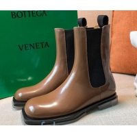 Best Price Bottega Veneta Glossy Calfskin Square-sole Flat Short Boots Apricot 090904