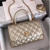 Top Quality Chanel original Caviar leather flap bag top handle A92290 Light gold&Gold-Tone Metal