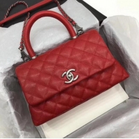 Most Popular Chanel Classic Top Handle Bag Red Cannage Pattern A92290 Silver