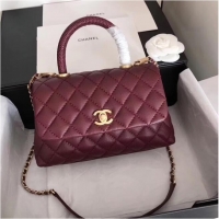 Chic Chanel original Caviar leather flap bag top handle A92290 purple&Gold-Tone Metal