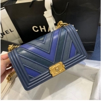 Best Price Chanel Boy Flap Shoulder Bags Chevron Calfskin Leather A67086 Blue&Black