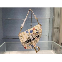 Discount DIOR Beige Multicolor Dior Hibiscus Metallic Thread Embroidery SADDLE BAG M0446C Beige