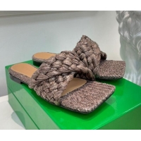 Low Cost Bottega Veneta Stretch Raffia Flat Slide Sandals 030933 Light Brown