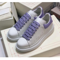 Luxury Alexander Mcqueen White Silky Calfskin Sneaker with Bi-color Laces Purple 012724