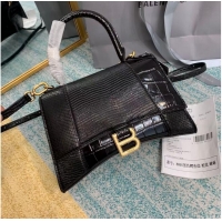 Good Product Balenciaga Hourglass Small Top Handle Bag crocodile embossed calfskin B108891E black