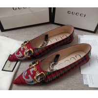 Discount Gucci Houndstooth and Stripe Ballet Flat with Horsebit 010927 Red/Green