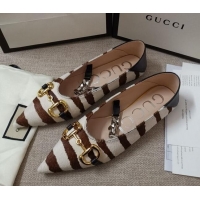 Best Luxury Gucci Striped Horse Fur Ballet Flat with Horsebit 010928 White/Brown 2021