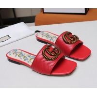 Most Popular Gucci Calfskin Flat Slide Sandals with Aged Gold GG 012501 Red