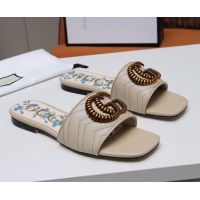 Best Price Gucci Calfskin Flat Slide Sandals with Aged Gold GG 012501 Apricot