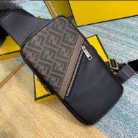 Super Quality Fendi Men's Sling Shoulder Bag in Black Leather and FF Canvas F0453 Brown 2020