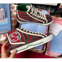 Good Quality Gucci Tennis 1977 High-Top Sneakers in Houndstooth and Stripe Wool Green/Red 