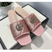 Top Quality Gucci GG Sequins Slide Sandals Pink 012632 2021