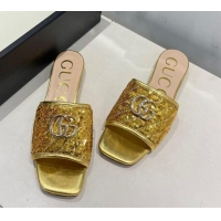 Cute Gucci GG Sequins Slide Sandals 012632 Gold 2021